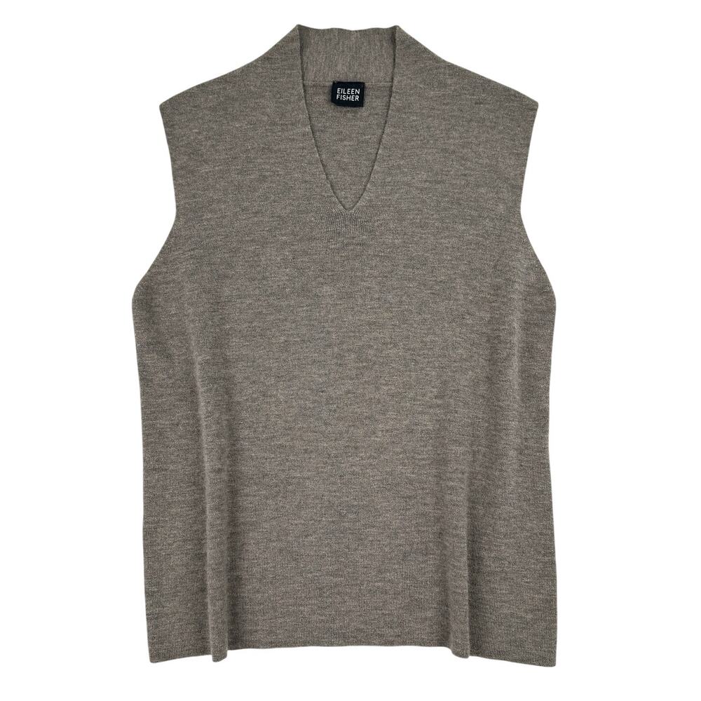 Vintage Eileen Fisher 100% Wool V Neck Sweater Vest Taupe Brown Minimalist